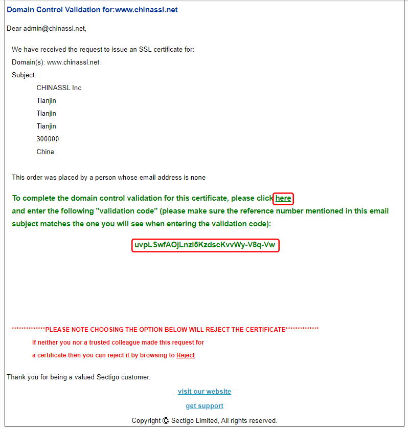 Sectigo SSL证书域名管理员邮件验证